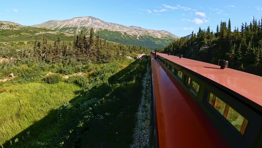Alaska wilderness from White Pass and Yukon railroad train ride between Skagway Alaska and Whitehorse Yukon Canada. Beautiful sunny day with white clouds and blue sky