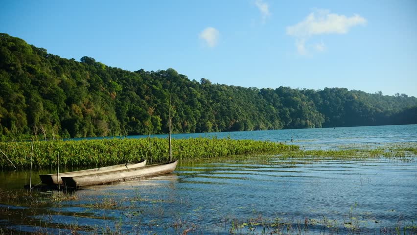 Traditional Wooden Canoes Resting on peaceful lake shore