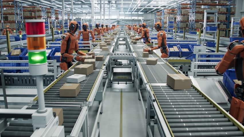 Conveyor Line inside Automated Distribution Center with AI Powered Humanoid Robots. General Purpose Human Like Robots Work at Fulfillment Center. Warehouse with Advanced Autonomous Technology.