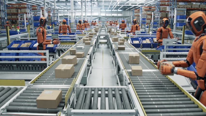 Conveyor Line inside Automated Distribution Center with AI Powered Humanoid Robots. General Purpose Human Like Robots Work at Fulfillment Center. Warehouse with Advanced Autonomous Technology.