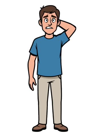 cartoon animation of a confused man scratching the back of his head, isolated in white