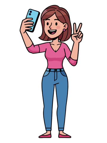 Cartoon animation of a woman taking a selfie using a cellphone and a two-finger gesture, isolated in white