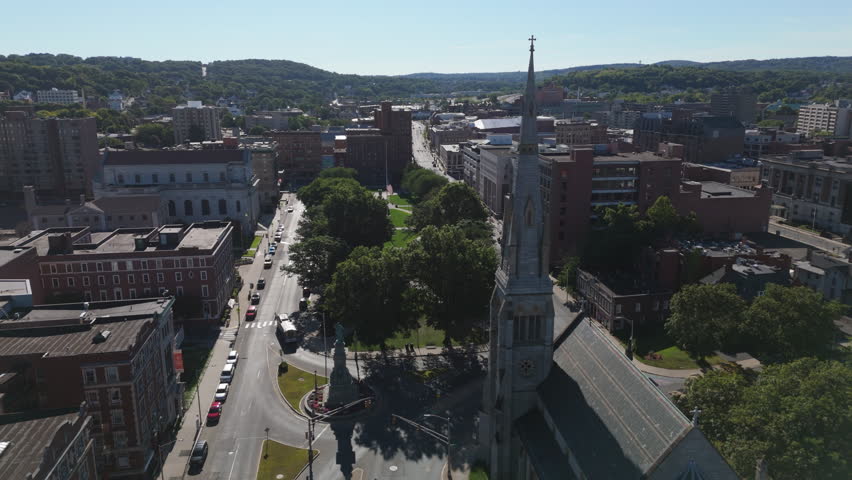 alt flying clockwise around historic square of Waterbury Connecticut