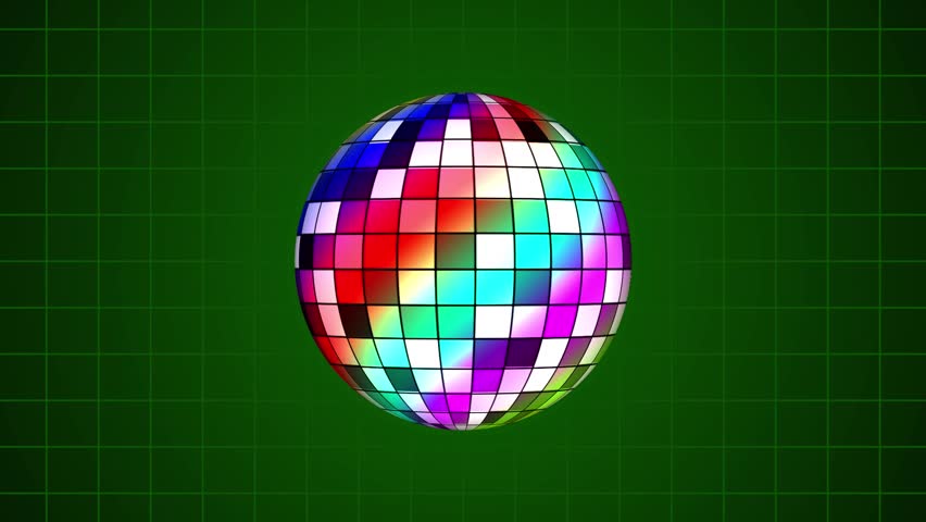 A colorful disco ball with many mirrored facets reflects light against a dark green grid background.