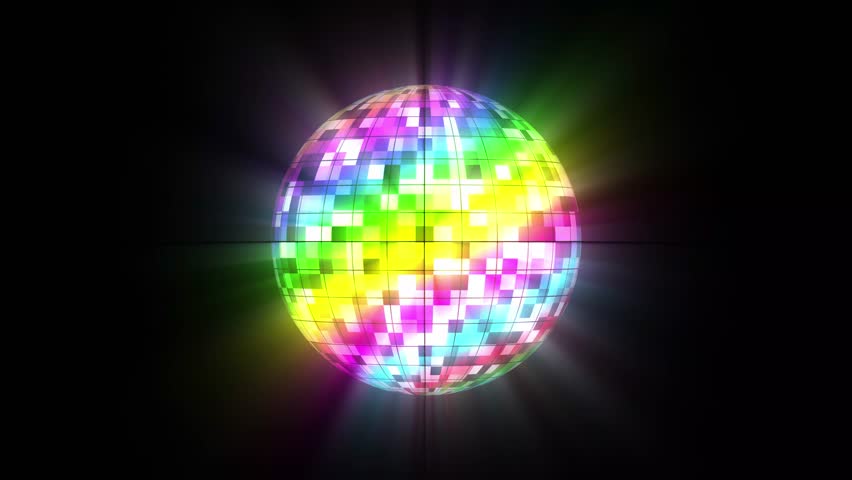 A disco ball with light rays reflecting rainbow colors on a black background mirror ball
