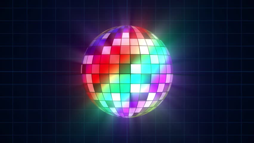 Mirror Ball Party with Disco Ball Reflecting Rainbow Colors with Light Rays on a Grid Background
