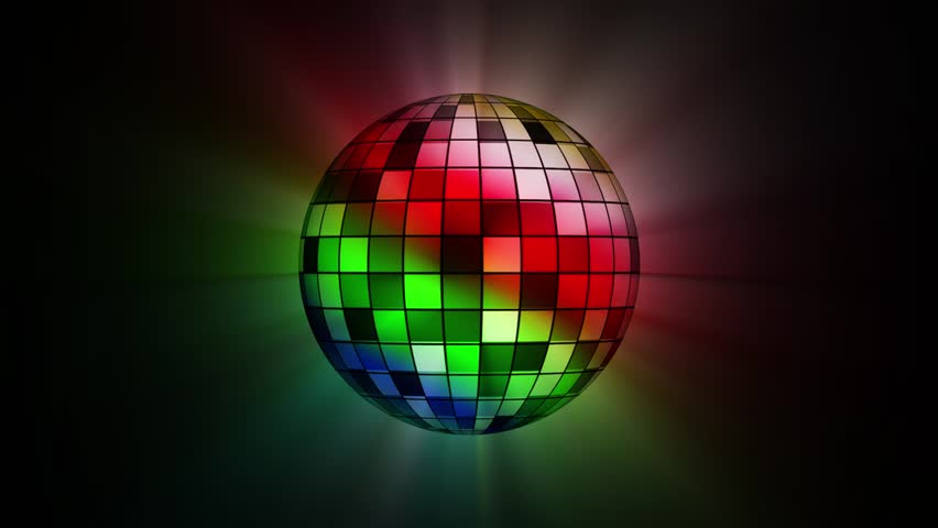 Mirror Ball Party with Disco Ball and Bright Colorful Light Rays on a Dark Background