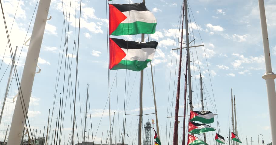 Palestinian Flags on Humanitarian Flotilla Ships in Barcelona Port Heading to Gaza