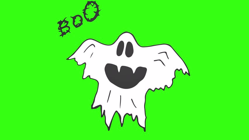 Cartoon ghost floating beside ‘Boo’ title on neon green chroma key background; seamless loop for Halloween intros, spooky promos and editing overlays. 3D animation