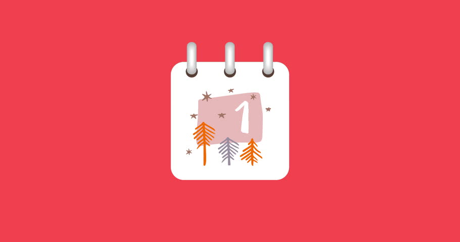 Christmas advent calendar on red screen. Tear-off calendar sheets with drawings cute colorful Christmas ornaments with number of day of december. Christmas 4K video graphic animation countdown
