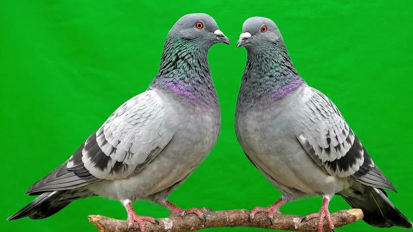 Two pigeons sitting on a branch, facing each other with beaks nearly touching against green background, symbol of love, bonding, and togetherness.