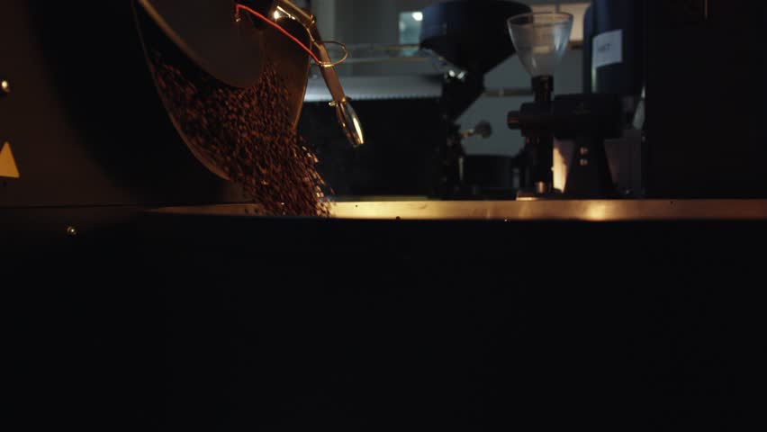 Freshly roasted coffee beans cascading from industrial roaster into cooling tray, revealing rich brown color and releasing intense aromatic notes during final stages of coffee production process