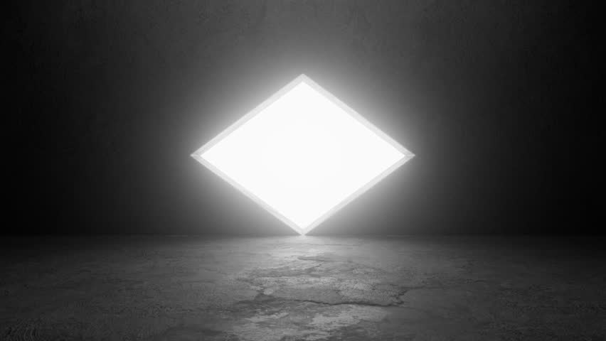 Bright diamond shaped doorway gradually opens in a dark, textured room, revealing a brilliant white light, symbolizing hope, opportunity, or a new beginning
