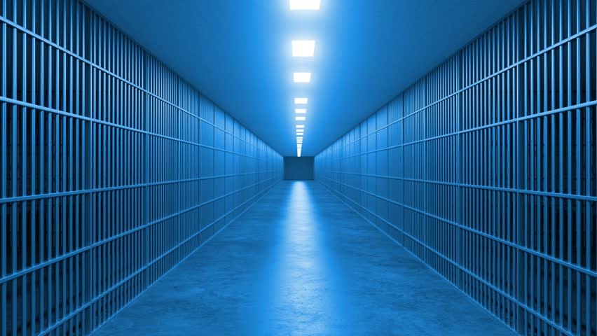 Multiple views of a long, empty jail corridor with blue lighting and metal bar doors on each side create a sense of confinement and isolation