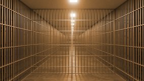 Golden prison cell door bars slowly swinging open, revealing shadowy corridor stretching beneath ceiling lights, symbolizing potential freedom from confinement and hope of release - Powered by Shutterstock - Get 15% off with code: PIKWIZARD15