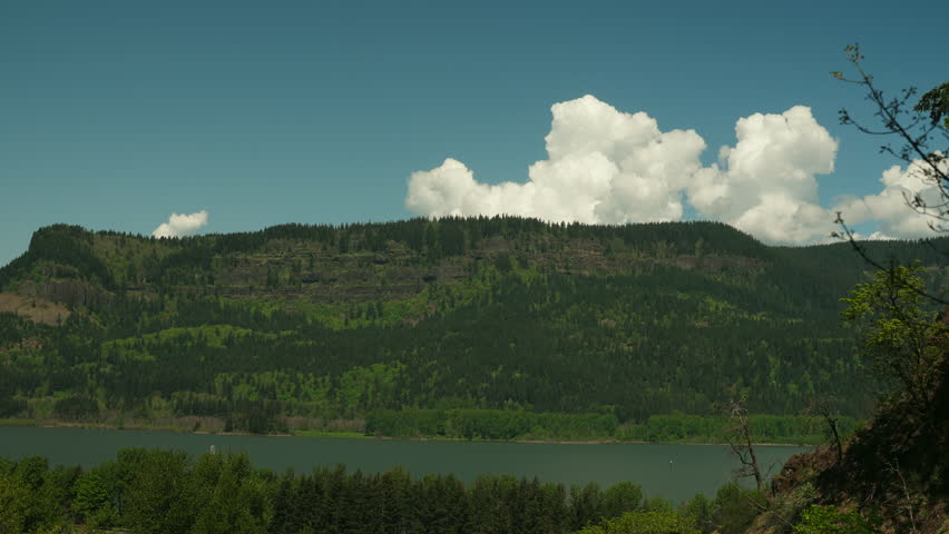 Colombia River seen from the hiking trail at the Lower Multnomah Falls mountain in Portland, Oregon - 4k 