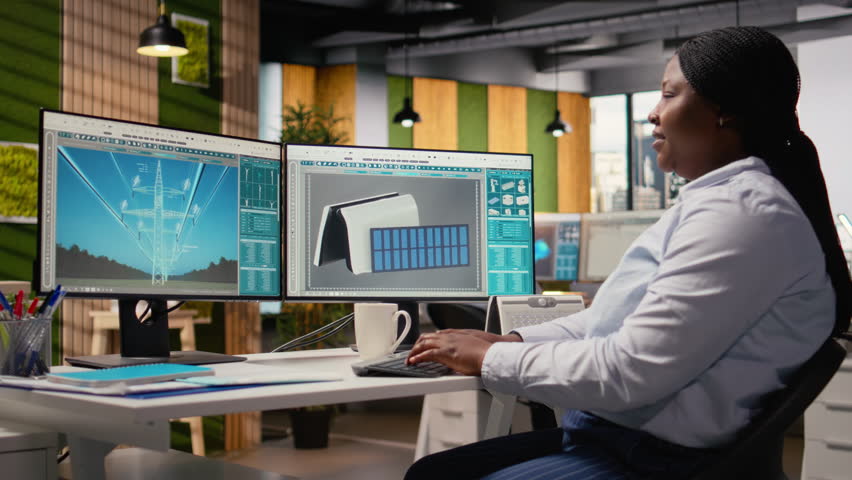 Smiling engineer in office pleased after developing innovative solar powered device design. Happy RD department expert satisfied with solar gadget environmental conservation efficiency, camera A