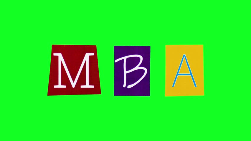 MBA acronym compiled from rectangle pieces of paper moving against chroma key background. Title about master of business administration ready for creation of advertisement banner. Professional degree.