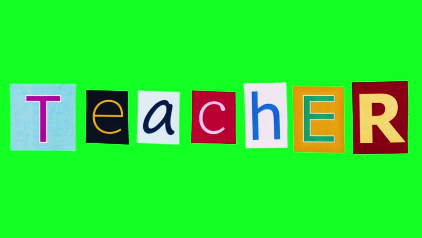 Teacher headline compiled from colorful magazine cut letters on chroma key background. Animated word on green screen with the meaning professor at school ready for using in creation of banners