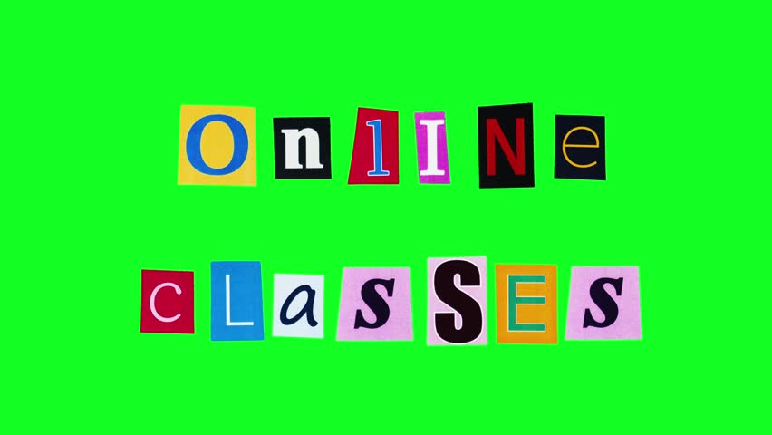 Online classes phrase made of rectangle pieces of paper crumpling and unwrapping on green screen background. Animated title meaning distant internet lessons on the digital platforms on chroma key