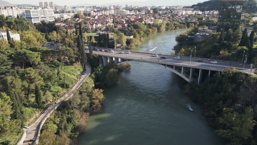 Panoramic view of Podgorica, Montenegro. Flying forwards.
