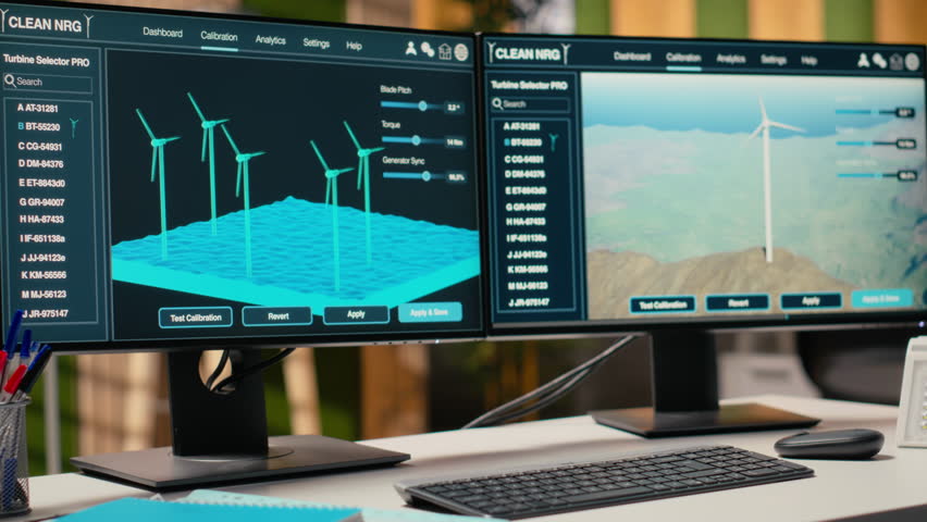 Software interface on PC used for planning wind farm layouts, determining optimal turbine placements. CAD program on computer in engineering office used to design windmills farm configurations