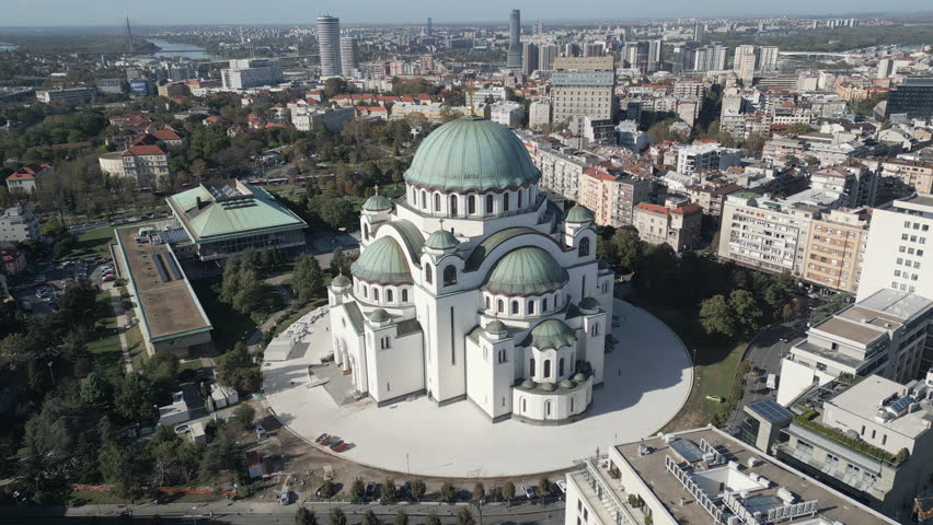 Aerial orbiting video showcase the the Church of Saint Sava in Belgrade, the largest Orthodox church in Srbija.