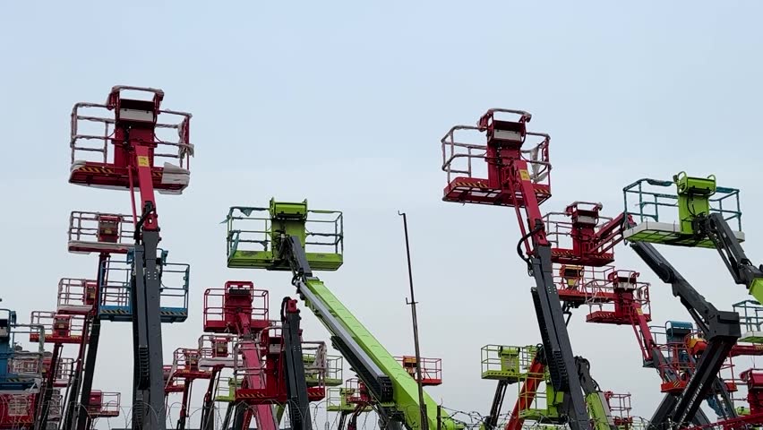 Eyecatching and colorful lifting equipment can be seen at this busy construction site. A vibrant collection of industrial lift equipment stands against a clear sky at a construction site.