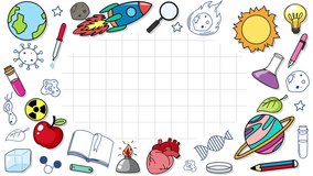 Animated hand-drawn science icons form a colorful border on white grid, playful and educational. - Powered by Shutterstock - Get 15% off with code: PIKWIZARD15
