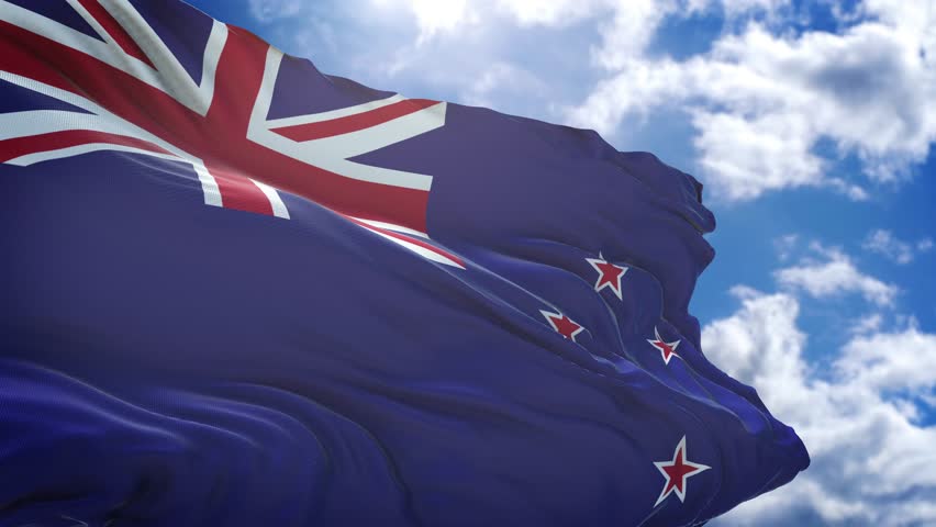 New Zealand flag. close up of New Zealand flag waving in the wind. New Zealand flag loop. green screen.