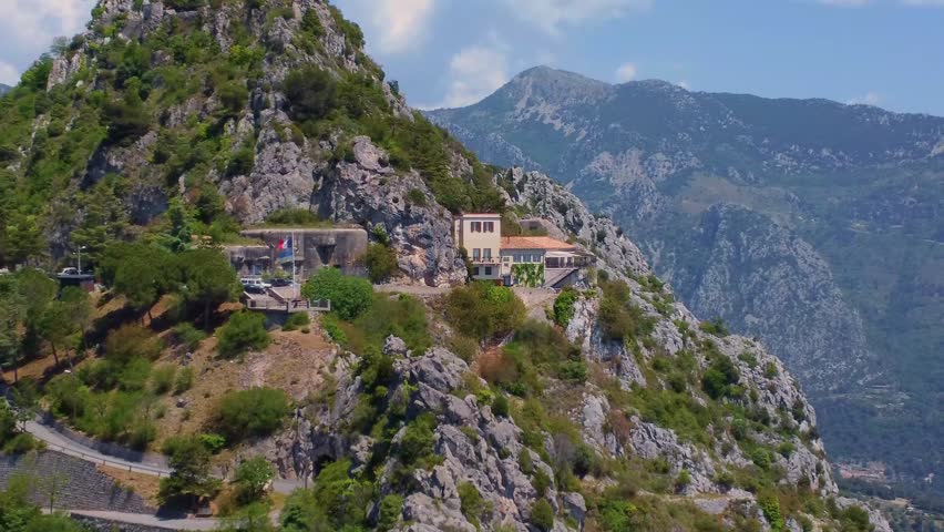 Aerial footage showcasing the picturesque village of Sainte Agnes in the French Riviera, renowned as the highest coastal village in Europe.