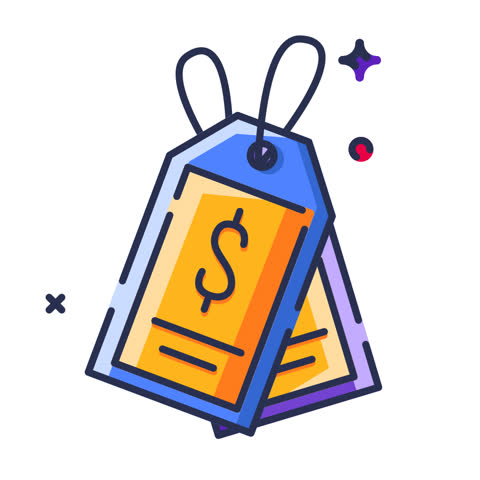 Animated price tag icon with a dollar sign hanging and swinging from a string. Motion graphic with star elements for concepts like sales, shopping, and commerce