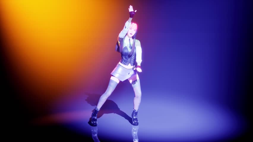 A 3D animated video of a stylish female character performing a dynamic dance on a stage. 