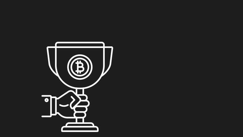 Crypto reward white line animation. Crypto reward animation with hand holding bitcoin trophy in celebratory winning scene. Suitable for cryptocurrency promotions, and online gaming incentives