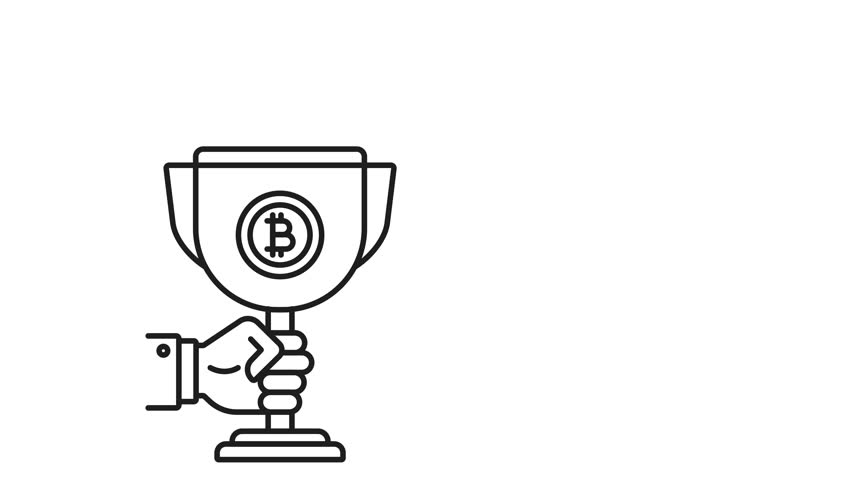 Crypto reward line animation. Crypto reward animation with hand holding bitcoin trophy in celebratory winning scene. Suitable for cryptocurrency promotions, and online gaming incentives