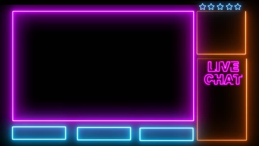 ntermission Stream Overlay Animated, Neon Sign looping facecam and chat for live streaming ,Frame border HUD element. HUD viewfinder. video stream live screen animation.