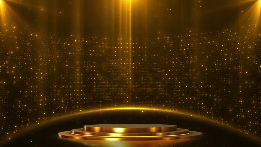 Glowing Golden Stage Podium Digital Lights stands spotlights particle wall. for award ceremony, product reveal, luxury branding, elegant event promotion scenes circle podium premium award design