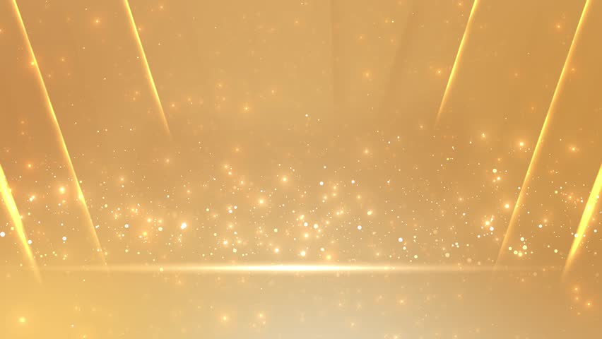 Golden light beams shine misty dust, sparkling particles dance warm backdrop visual background for awards, wedding videos, product reveals, luxury brand intros, festive titles, events, celebration