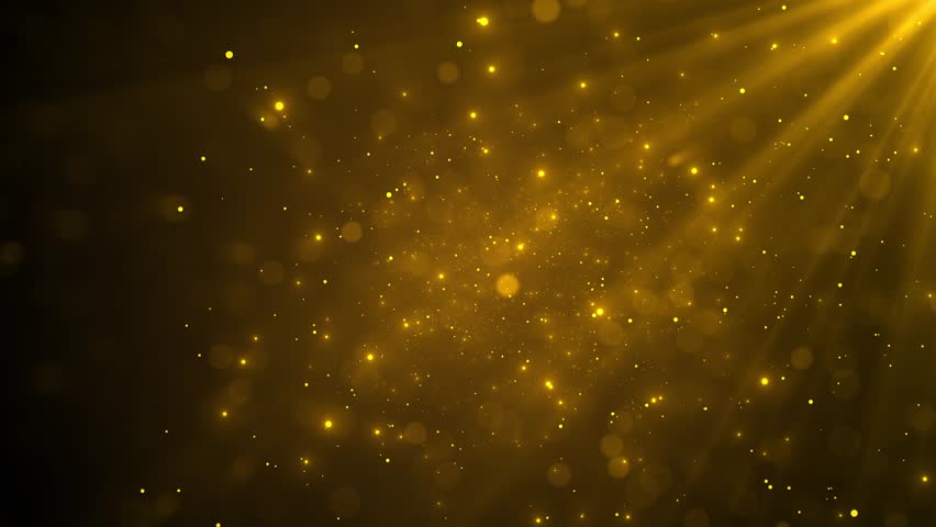 Luxury golden background animation. Golden particles flowing and falling surrounded by spotlight rays. 3D 4K Glittering shimmering particles. Stage background animation. Awards ceremony, celebration.