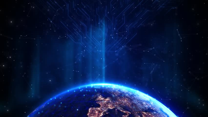 Futuristic digital globe of Earth glows starry space backdrop digital network futuristic global connection, AI technology, space data, satellite systems. sci-fi, tech intros, visuals, space media.
