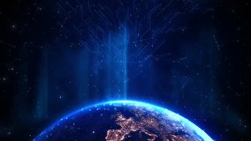 Futuristic digital globe of Earth glows starry space backdrop digital network futuristic global connection, AI technology, space data, satellite systems. sci-fi, tech intros, visuals, space media. - Powered by Shutterstock - Get 15% off with code: PIKWIZARD15