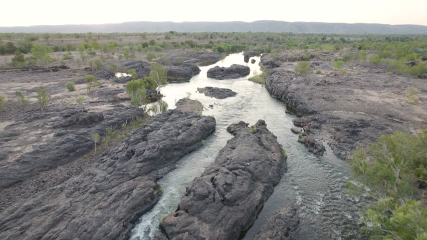 Fly Over Stream And Rocks At Ord River In North Western Australia. Aerial Drone Shot