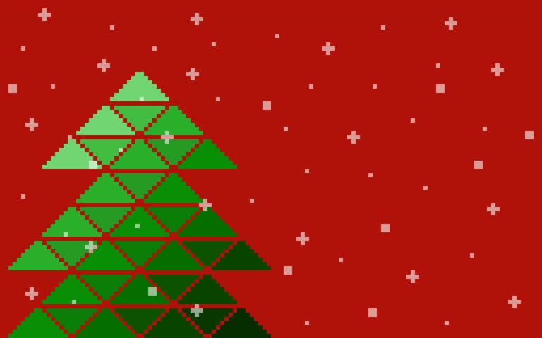Pixel art animation Christmas tree in a snowfall with red background and copy space. Perfect for holiday greetings, retro game backgrounds, winter themes, and festive digital designs. Lofi background.