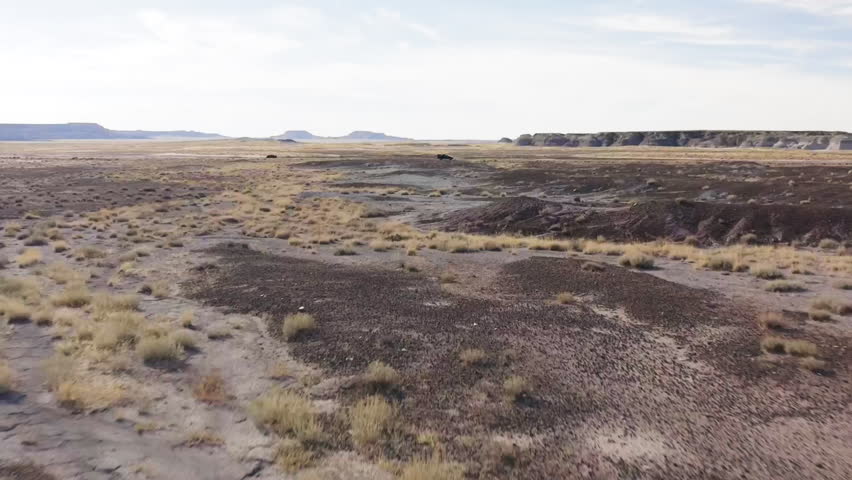 Aerial viewpoint of the arid fields with small patches of grass at Badlands in Arizona, USA