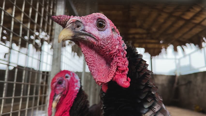 Close up of two turkeys in a barn, standing still but looking around and calmly moving his head .