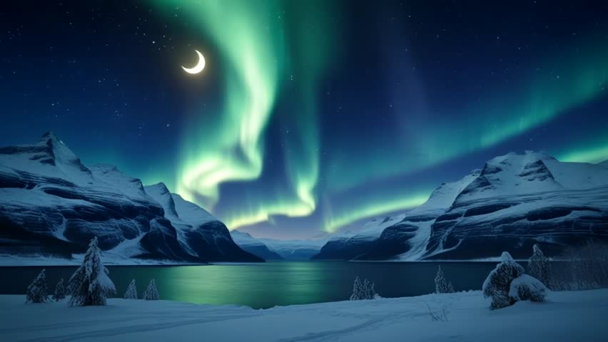 The Aurora Borealis dancing across the dark night sky. The sky is adorned with ribbons of green light, curving and stretching, with a crescent moon appearing to glow softly among the stars.