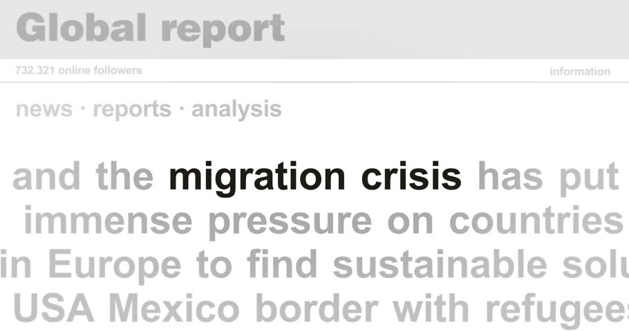 Migration crisis and refugees headline news across international media. Abstract concept of internet news titles on screens loop. Seamless and looped animation.