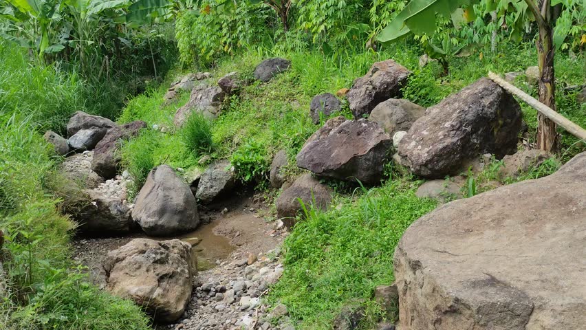 A lush green landscape with a small river winding between rocks. It looks natural and beautiful.