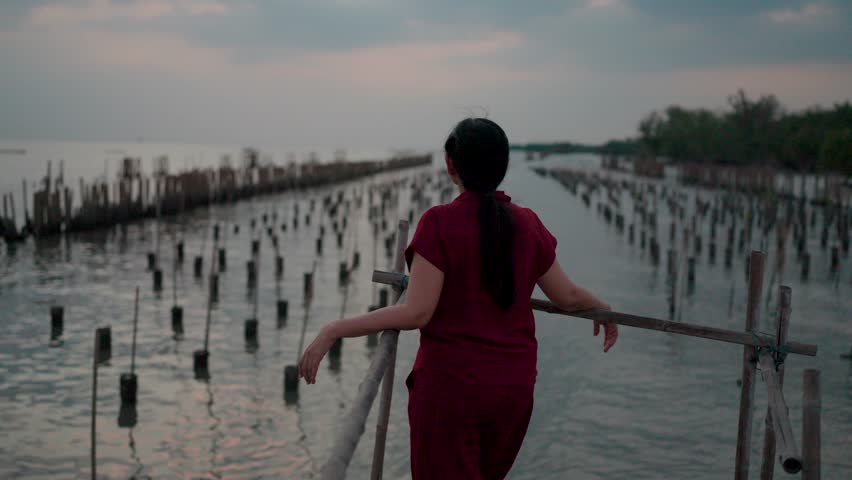 A solitary figure stands at the edge of a wooden pier gazing at the horizon. Bathed in the soft hues of a dusky evening evoking a feeling of peace.