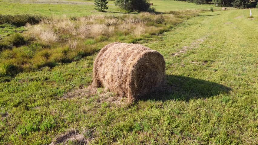 Aerial Video Circling Around Round Hay Bale in Countryside Field